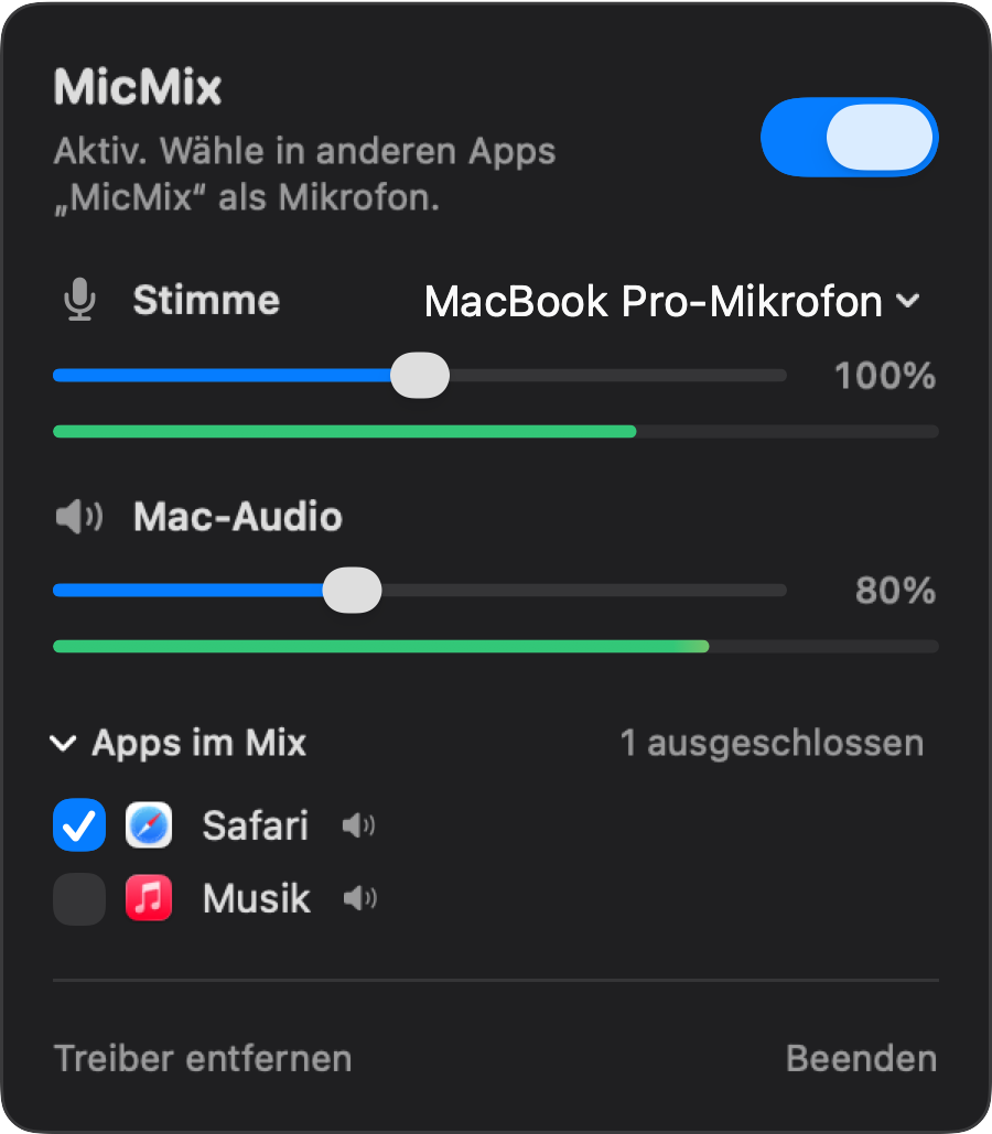 Das MicMix-Fenster in der Menüleiste, eingeschaltet, mit der Lautstärke für Stimme und Mac-Audio