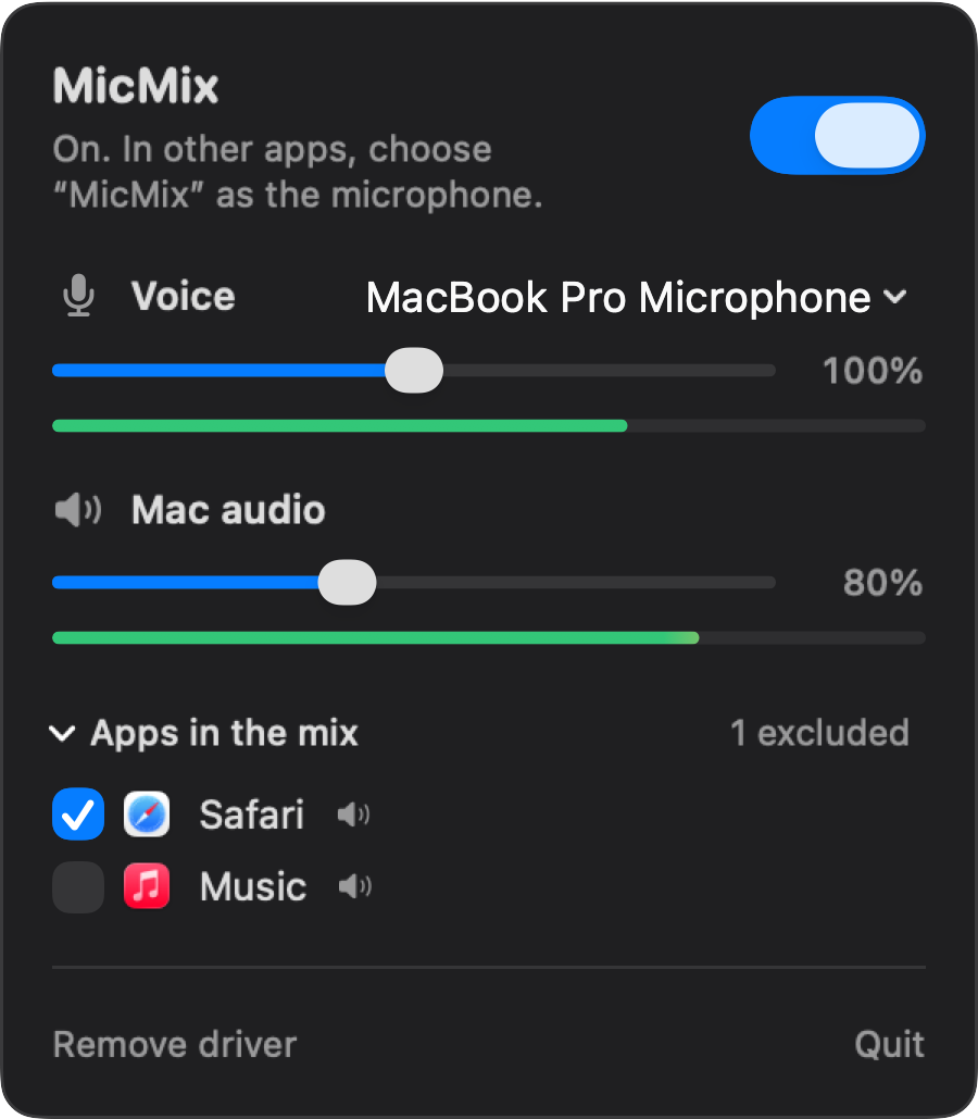 The MicMix panel in the menu bar, turned on, with voice and Mac audio volumes