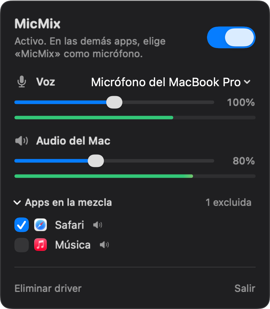 El panel de MicMix en la barra de menús, activado, con los volúmenes de la voz y del audio del Mac