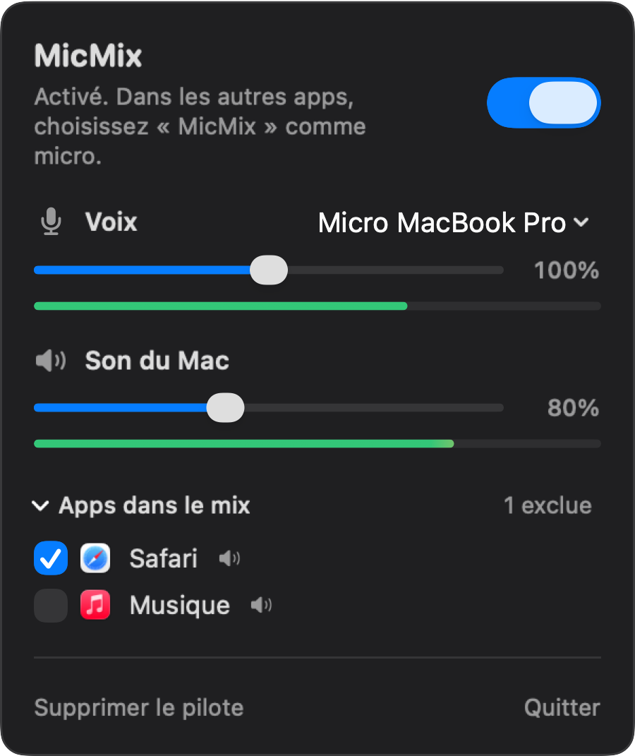 Le panneau de MicMix dans la barre des menus, activé, avec les volumes de la voix et du son du Mac