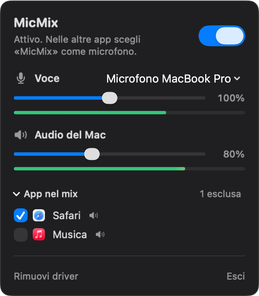 Il pannello di MicMix nella barra dei menu, acceso, con i volumi della voce e dell'audio del Mac